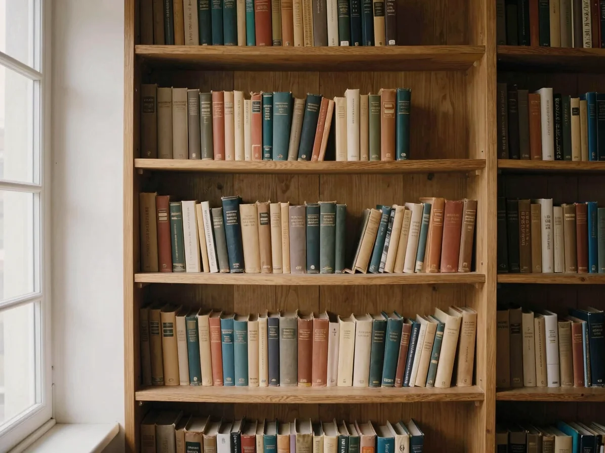 Détail d'une bibliothèque en bois naturel avec des livres anciens
