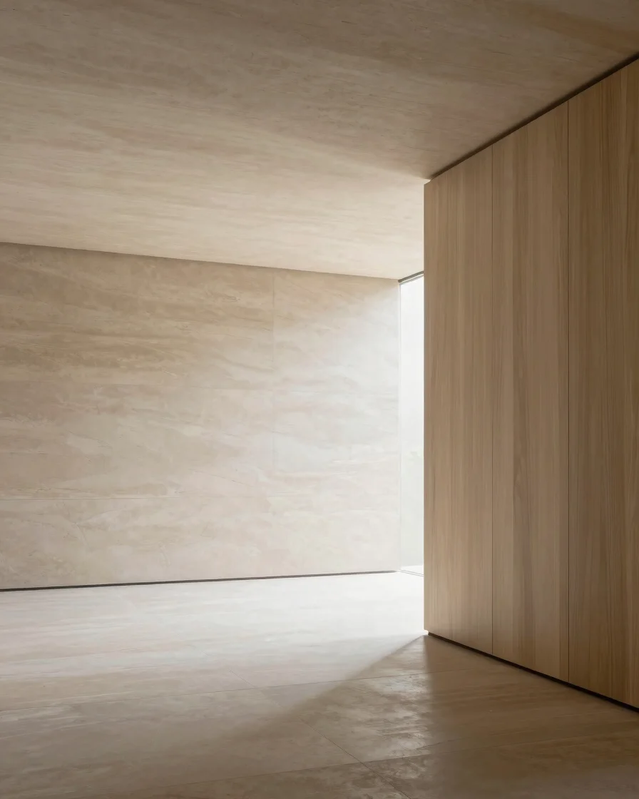 Wide shot of a modern minimalist architectural space bathed in so